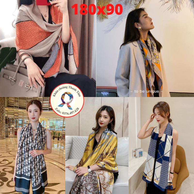Khăn lụa dài 90x180cm- khăn choàng dài cao cấp nữ họa tiết thanh lịch trang nhã