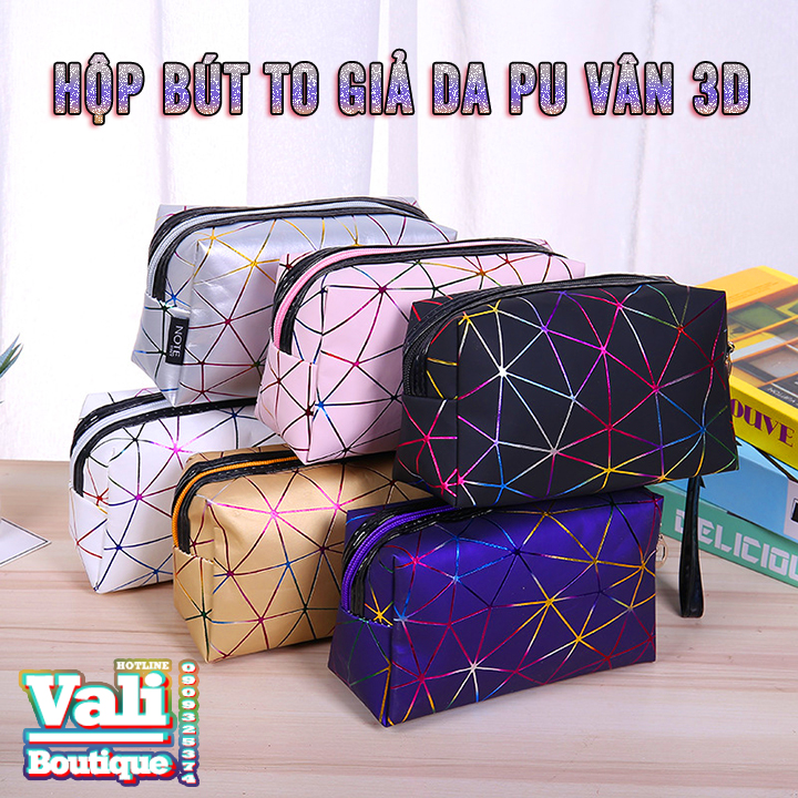 [HCM]Hộp bút vuông to giả da PU vân 3D - nhiều màu - tặng 1 bút hình thú mẫu ngẫu nhiên mực đen