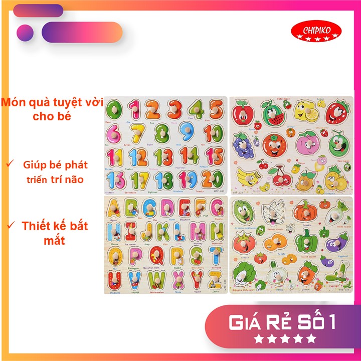 Combo 4 bảng ghép hình núm gỗ