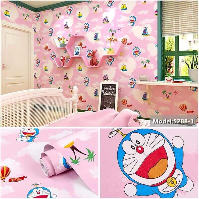 [HCM]xả Giấy dán tường Doremon Hồng (Có sẵn keo). Không thấm nước không độc hại hoàn toàn thân thiện với môi trường.