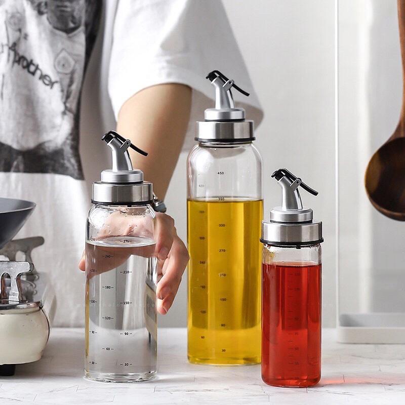 COMBO 2 BÌNH THỦY TINH ĐỰNG GIA VỊ, DẦU ĂN, GIẤM, NƯỚC TƯƠNG, NƯỚC MẮM 500ML CÓ VÒI RÓT (VẠCH CHIA 450ML)