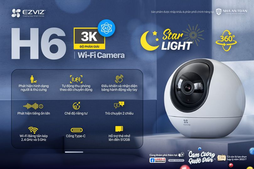 Camera Wifi, camera không dây Ezviz ,H6 3K AI, quay quét 360 Độ, tự động zoom theo dõi