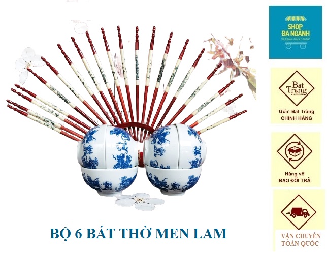 Bộ bát thờ 6 chiếc đường kính 9.5cm men lam gốm sứ Bát Tràng ( không bao gồm giá đũa)