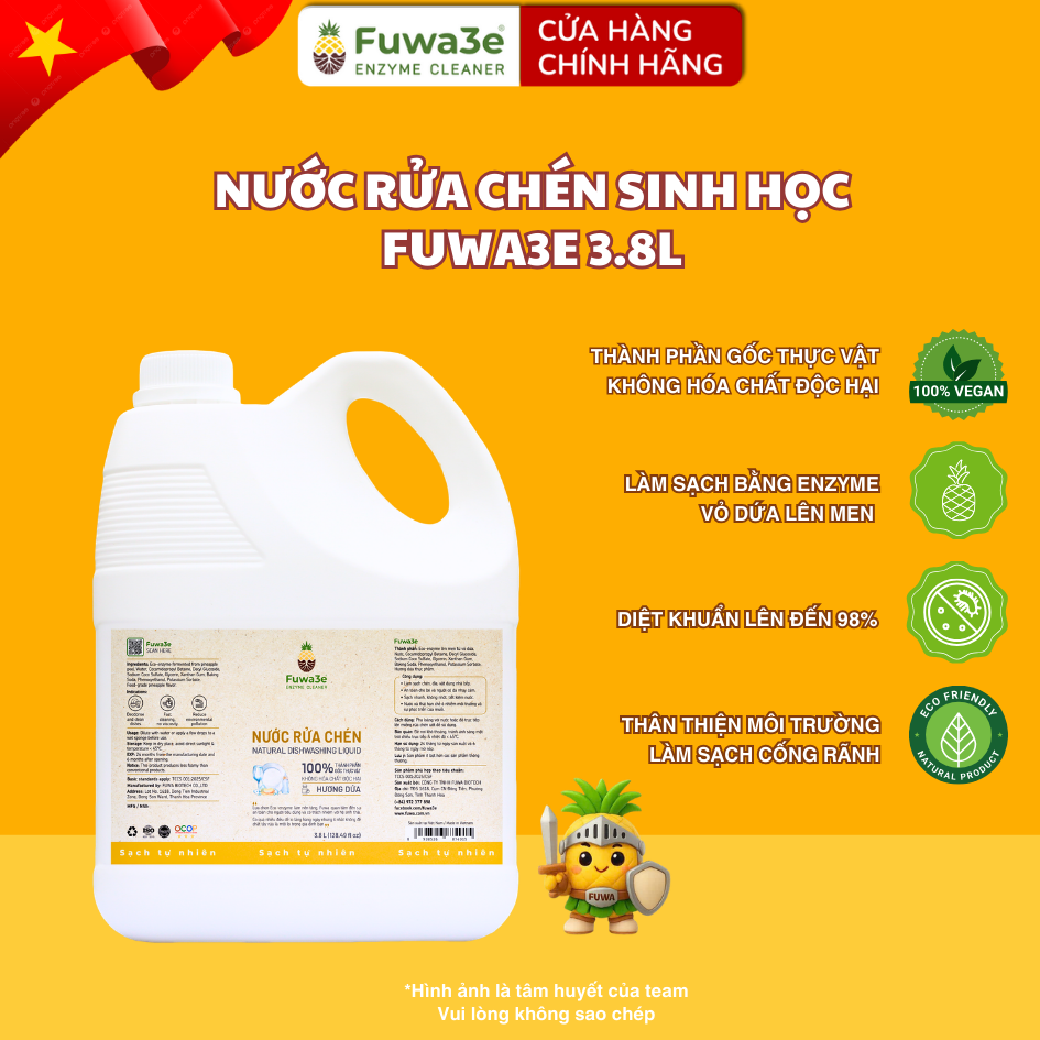 Nước rửa chén hữu cơ FUWA3E enzyme sinh học dứa Fuwa3e 3.8L – rửa chén ăn dặm, an toàn cho da