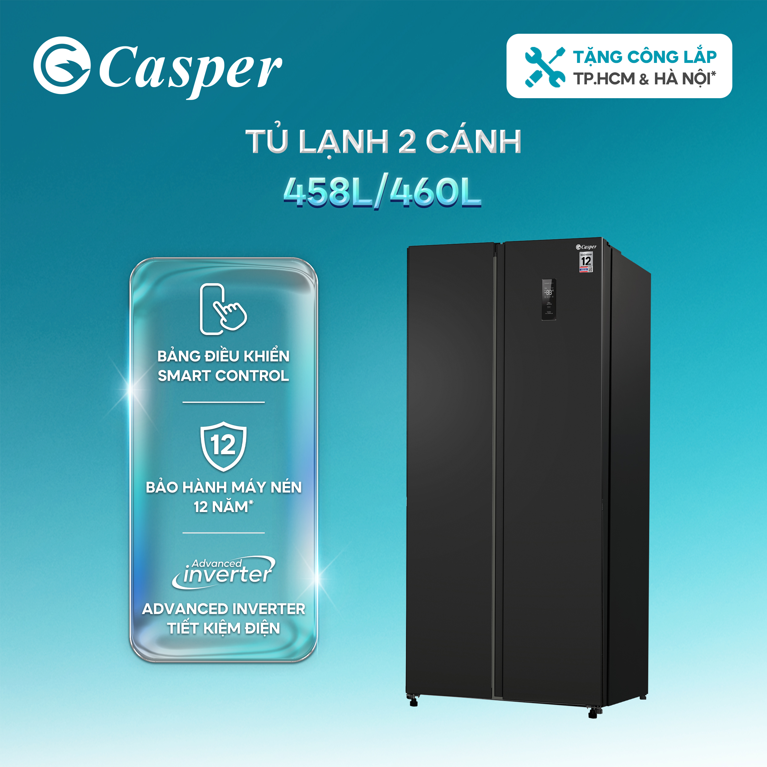 Side by Side Casper 458L Rs-E460Pbs11 Refrigerator - Energy Efficient - Genuine Product - 2-Year Warranty