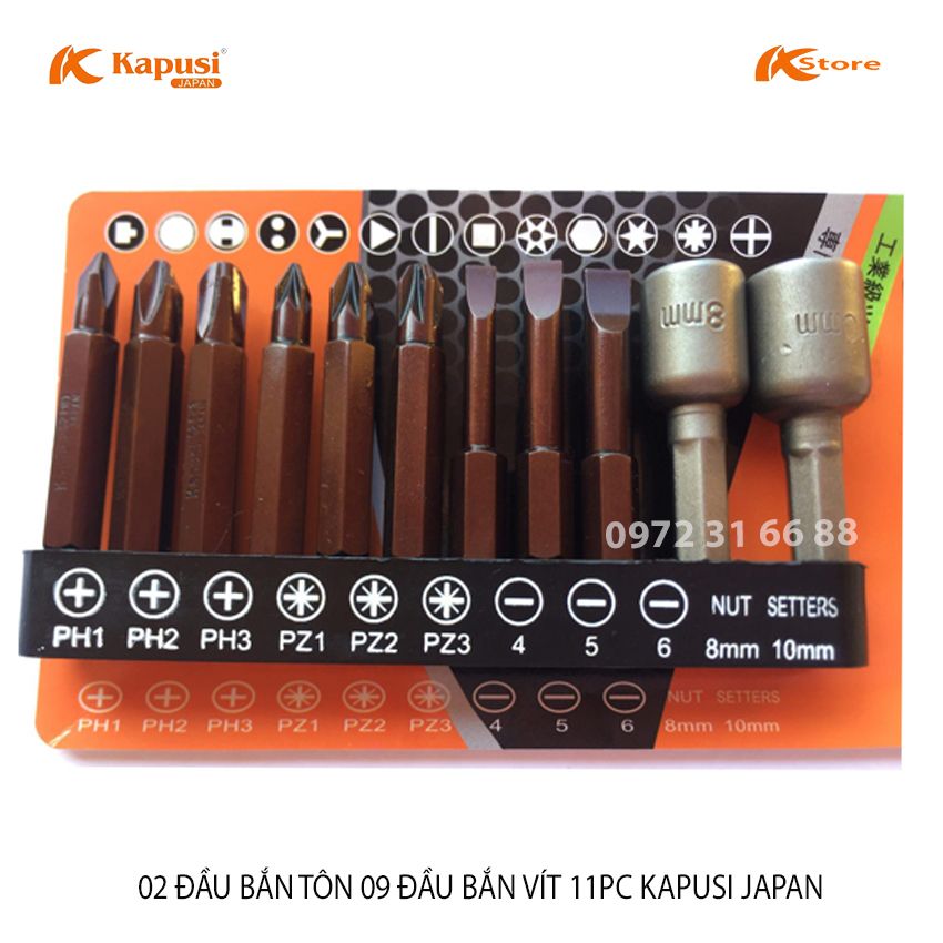 BỘ 09 ĐẦU VÍT TỪ TÍNH + 02 ĐẦU BẮN TÔN CHUÔI LỤC GIÁC 6.35MM KAPUSI JAPAN, TƯƠNG THÍCH VỚI MỌI LOẠI MÁY KHOAN