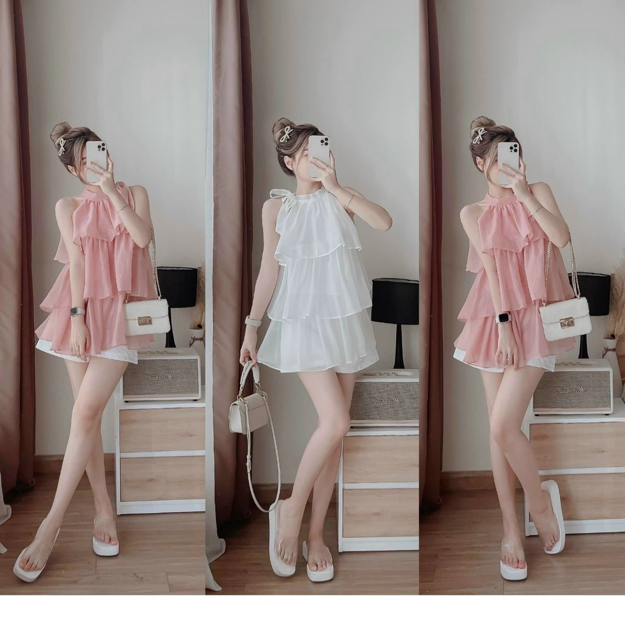 Sét bộ đùi áo cổ yếm xếp tầng quá xinh
