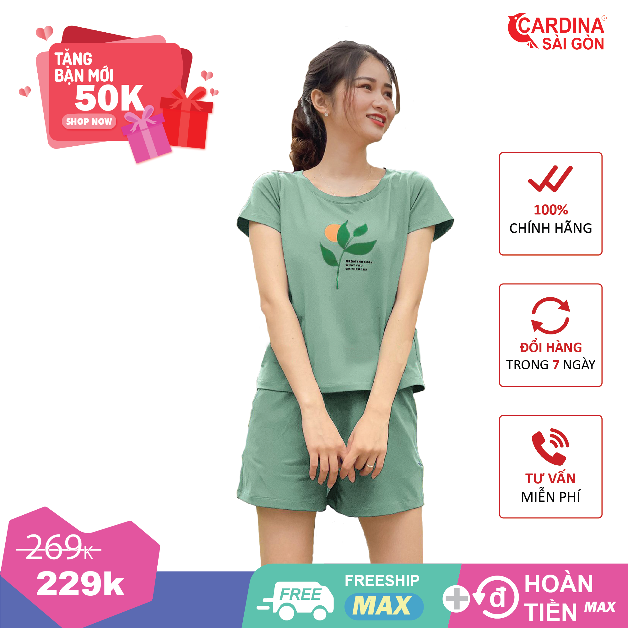 Đồ bộ nữ mặc nhà Cardina Sài Gòn áo ngắn quần đùi hoạ tiết đơn giản dễ thương hàng cao cấp kiểu đẹp chất thun cotton Nhật co giãn thoải mái mã 1CF5