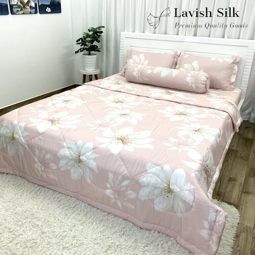 Bộ chăn ga gối 5 món lụa tencel lavish silk kích thước 1m6x2m, 1m8x2m mát lạnh mềm mịn cao cấp không nối vải - mẫu hoa hồng