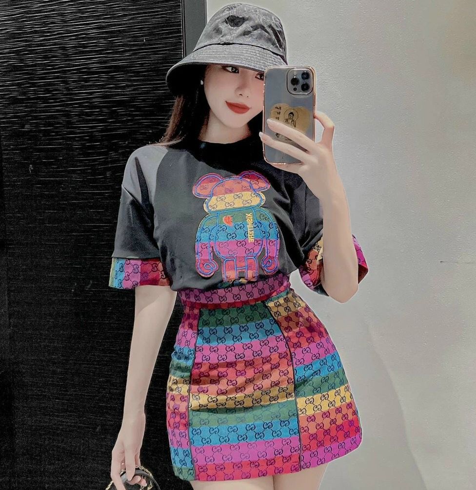 Set bộ nữ áo thun gấu kèm chân váy phối nhiều màu GC cá tính, Set bộ áo gấu nhiều màu kèm chân váy sexy GC 7 màu