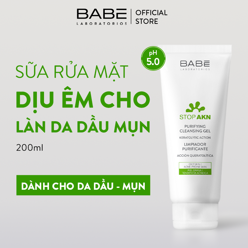 Sữa rửa mặt BABE Stop Akn Purifying Cleansing gel cho da dầu mụn 200ml