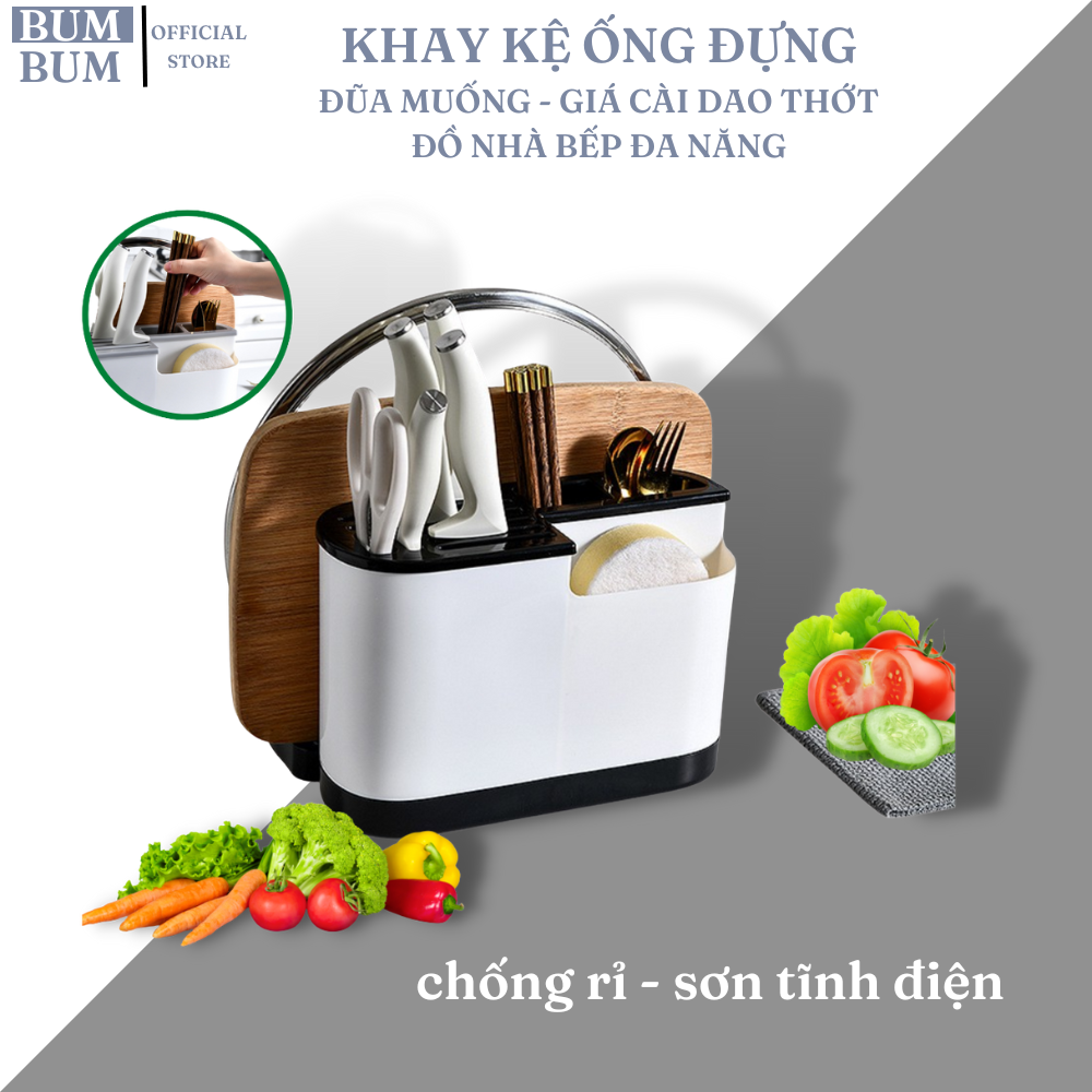 Khay Kệ Ống Đựng Đũa Muỗng Cắm Dao Kết Hợp Giá Để Úp Thớt Nắp Vung, Ống Cài Dao Chất Liệu Nhựa Chắc Chắn Để Đồ Nhà Bếp Đa Năng Thông Minh Tiện Ích