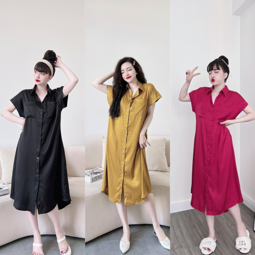 Đầm ngủ sơ mi lụa xướt KHAVIE đầm mặc nhà bigsize dáng dài qua gối form suông.