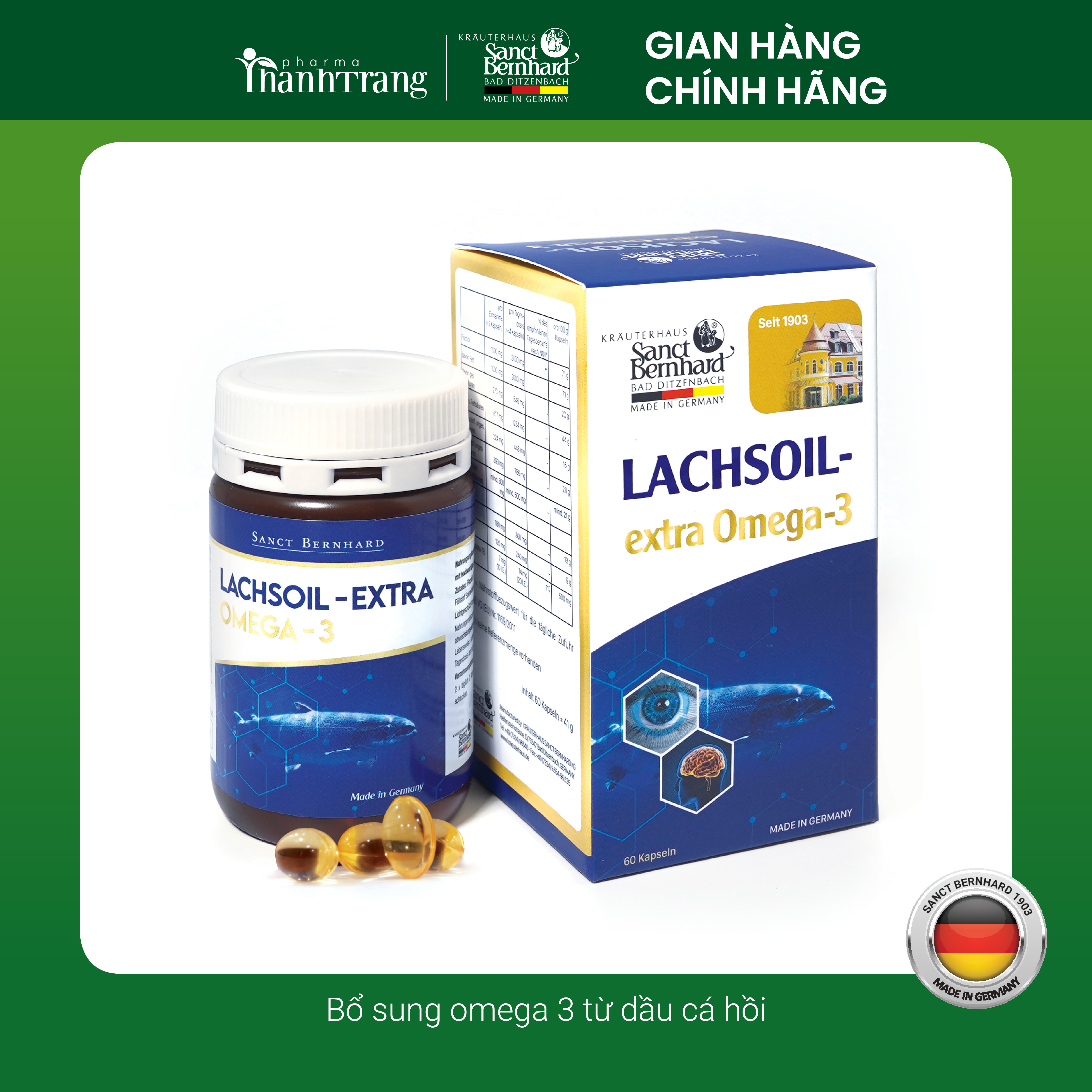 Viên uống sáng mắt, tăng cường trí nhớ Omega 3 Lachsoil hộp 60 viên- Chính hãng Sanct Bernhard Đức