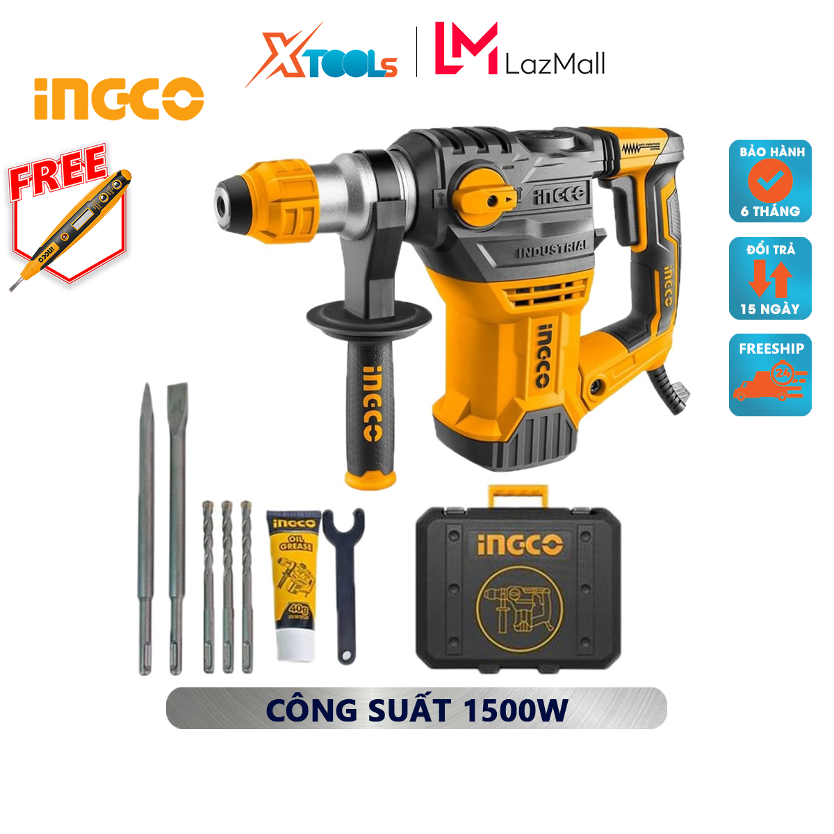 Máy khoan đục bê tông ingco rh150028 máy đục 3 chức năng 1500 w, tốc độ không tải 850rpm, tốc độ đập 4400 bpm, lực đập 5.5j khoan đục phá tường, bê tông, vật liệu cứng