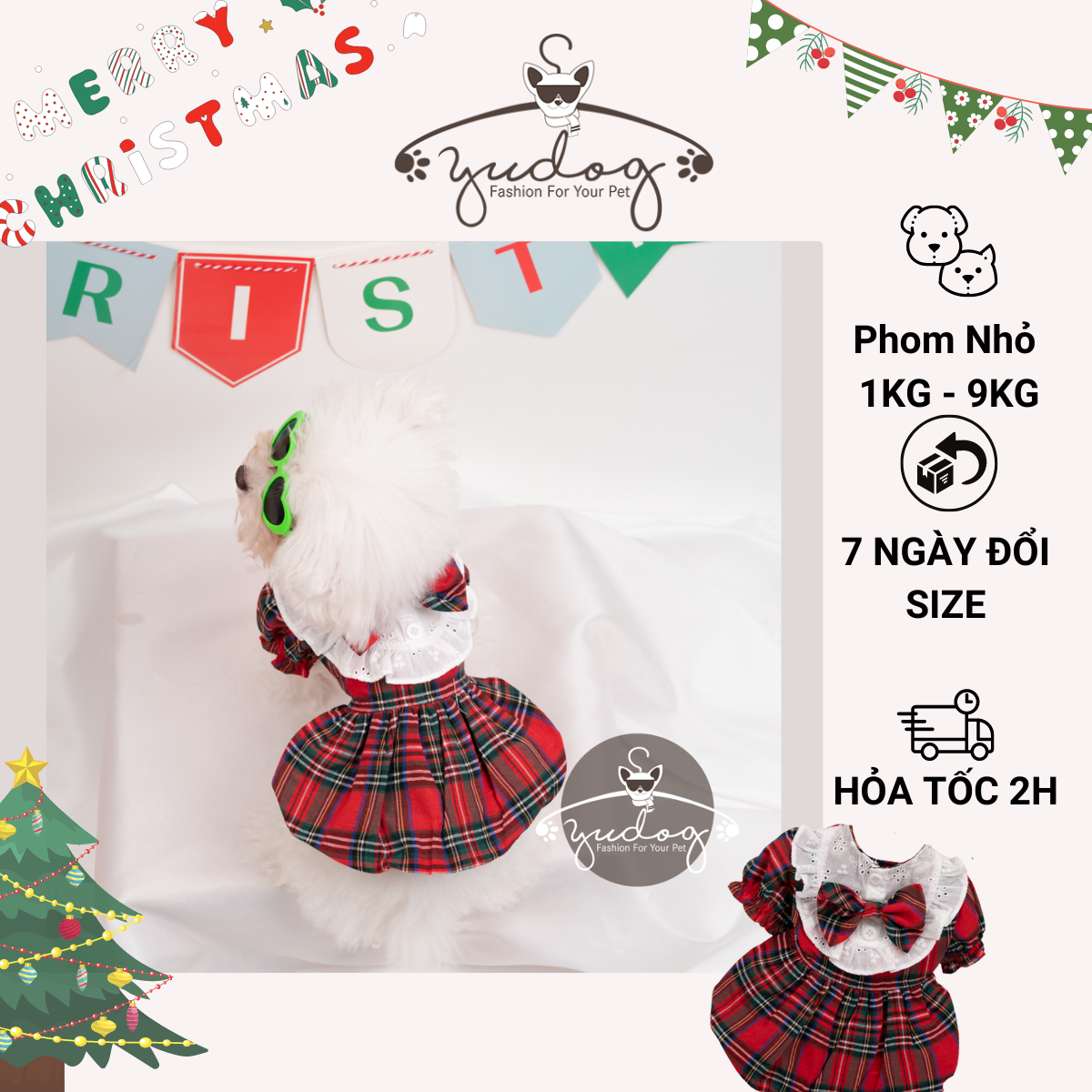 Đầm noel cho chó mèo yudog đầm noel kèm nơ gắn rời cho thú cưng