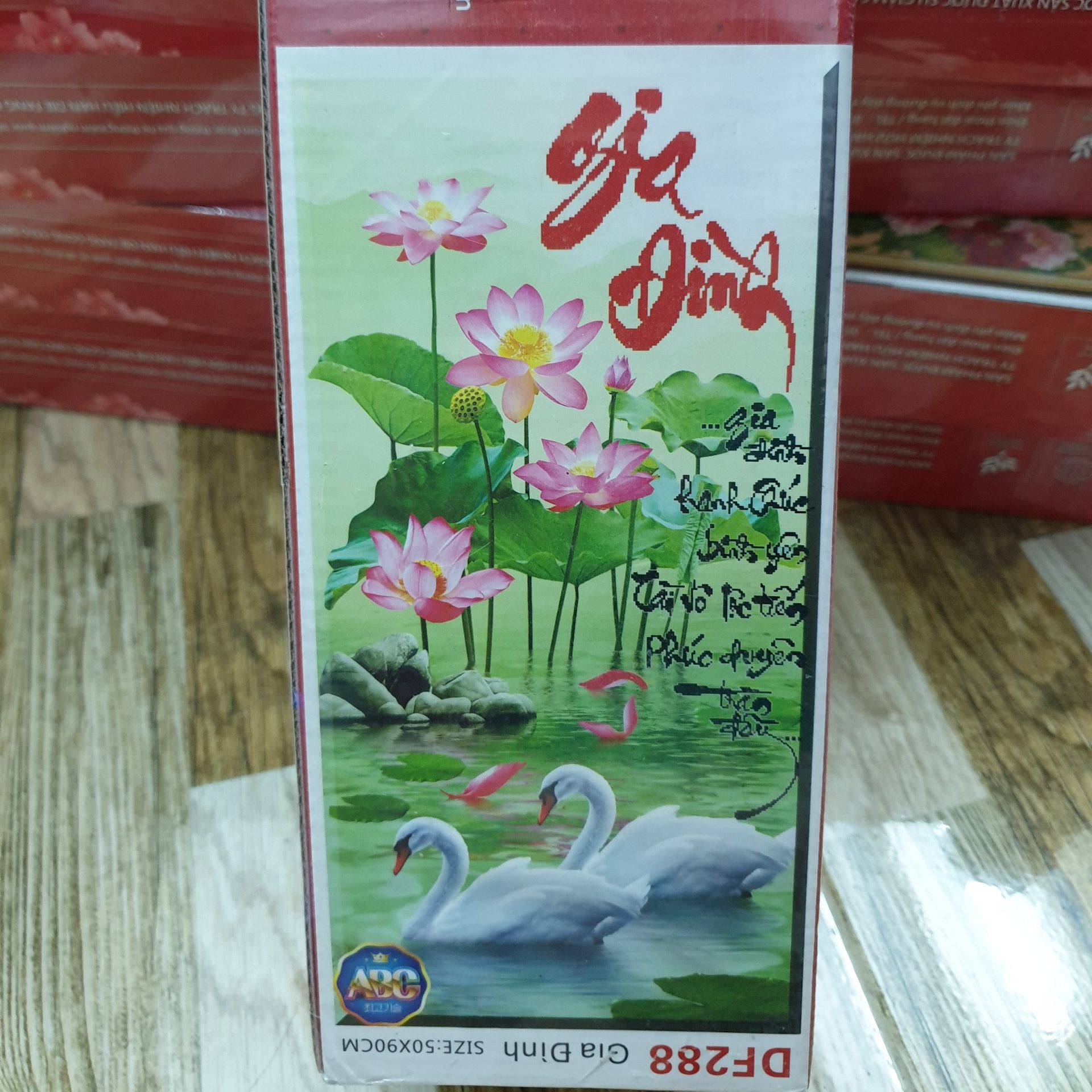 Tranh đá gia đình thiên nga hoa sen df288 - kích thước 50 * 90