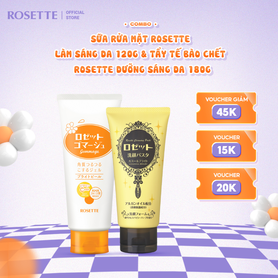 Bộ Sữa Rửa Mặt Sáng Da Rosette Pasta Ghassoul Bright 120g và Tẩy Tế Bào Chết Dưỡng Sáng Da Gommage Bright Peel 180g
