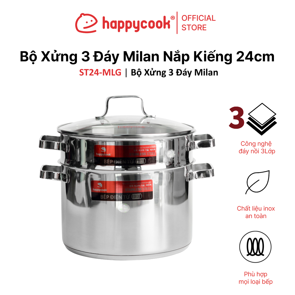 Bộ Xửng 3 Đáy Milan Nắp Kiếng 24cm HAPPYCOOK, ST24-MLG