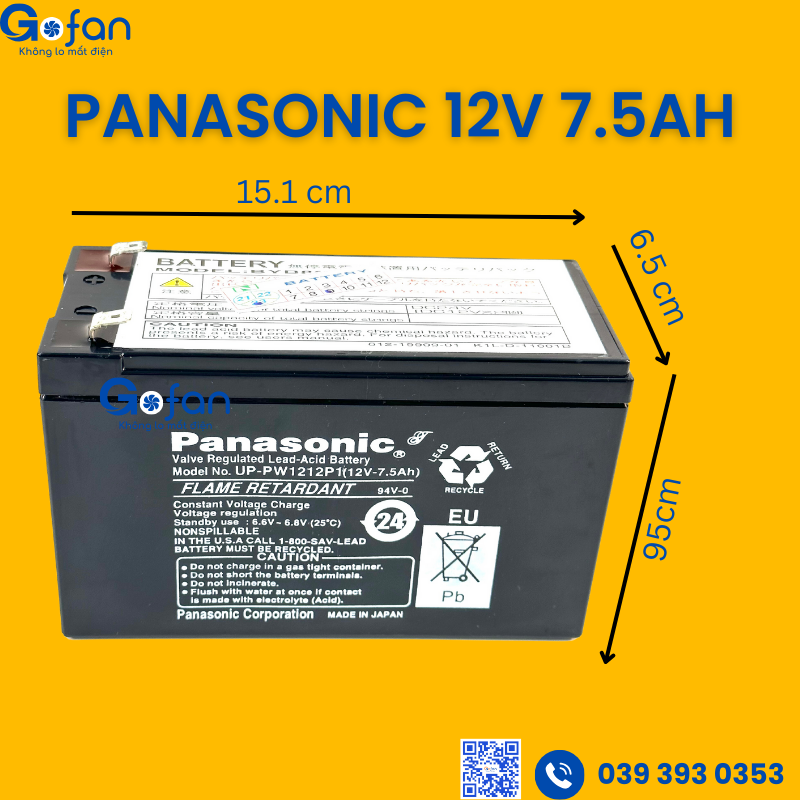 [HCMBình ắc quy khô Panasonic 12v-7.5AH  mã UP-PW1212P1 dùng quạt điện 12v, lưu trữ,UPS...