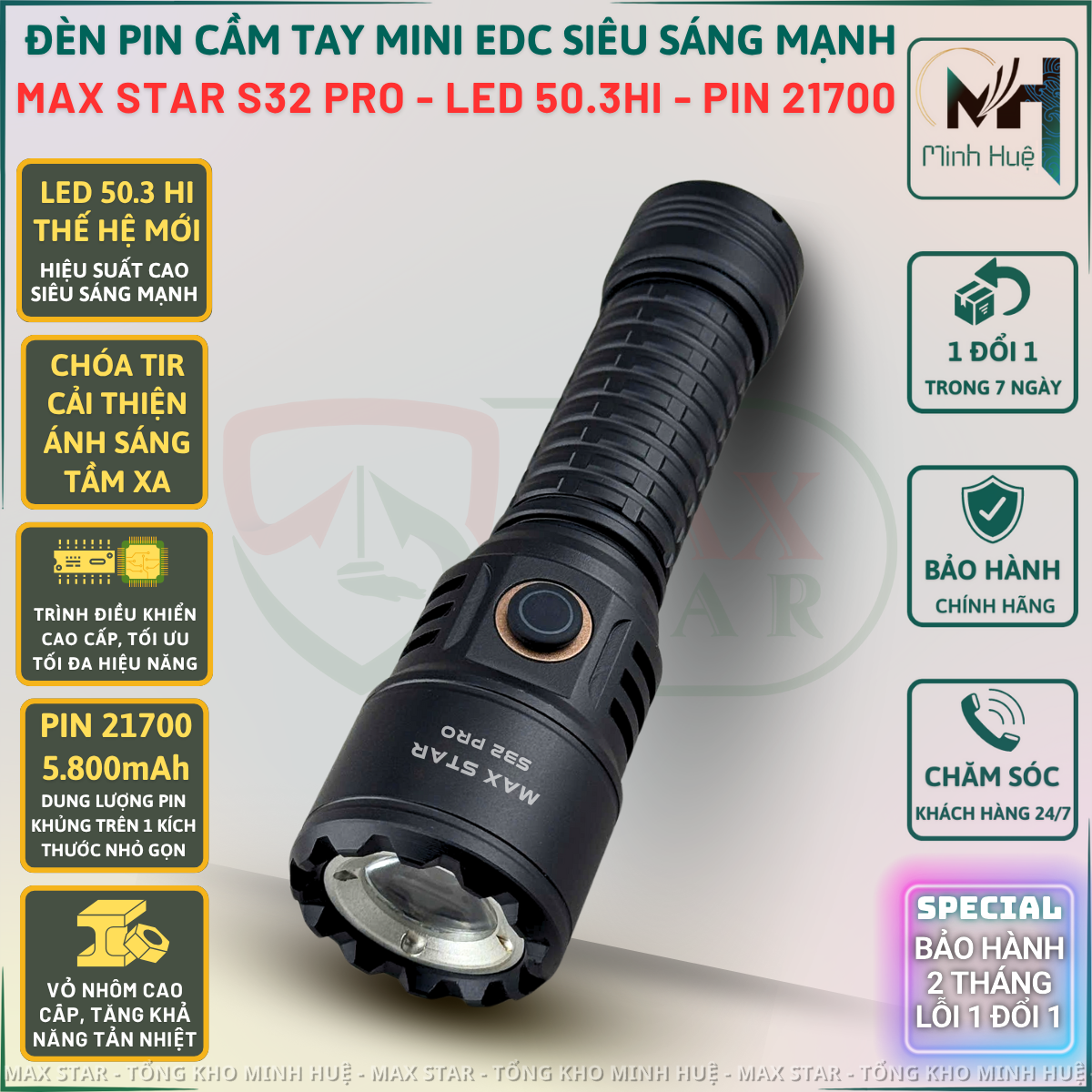 Đèn pin cầm tay mini siêu sáng mạnh MAX STAR S32 PRO pin 21700 dung lượng cao 5800mAh sạc TYPE-C LED 50.3 HI cao cấp tích