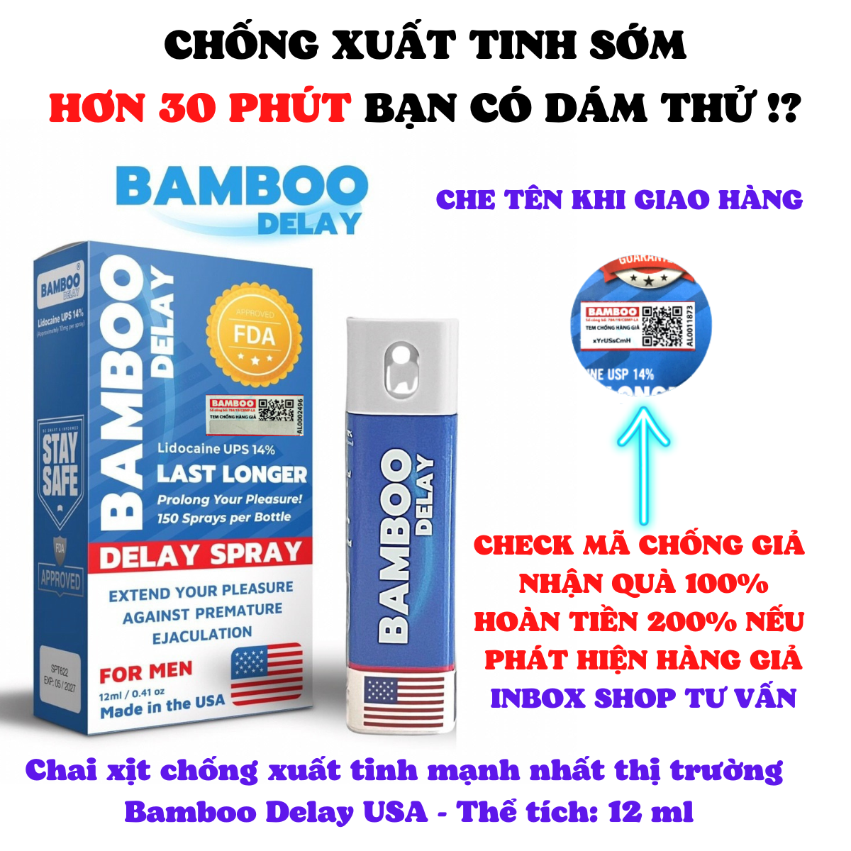 Chai xịt BAMBOO DELAY USA 12ml cao cấp tăng cường sinh lý nam mạnh mẽ - Cam kết tem tra chính hãng 100%