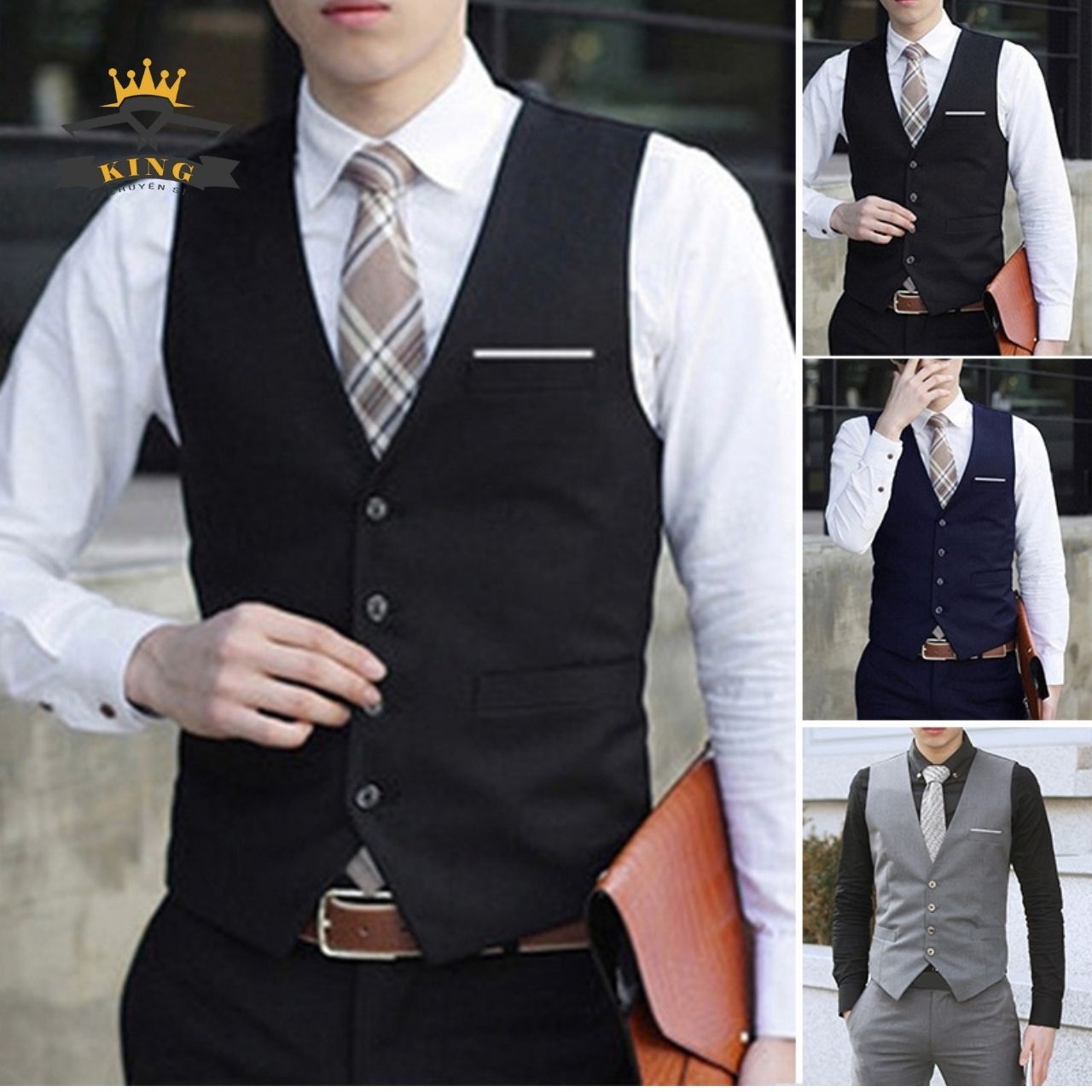 Áo gile phối túi trắng KING ghile nam 4 nút form rộng phối vest cao cấp phong cách sang trọng giá rẻ Z12