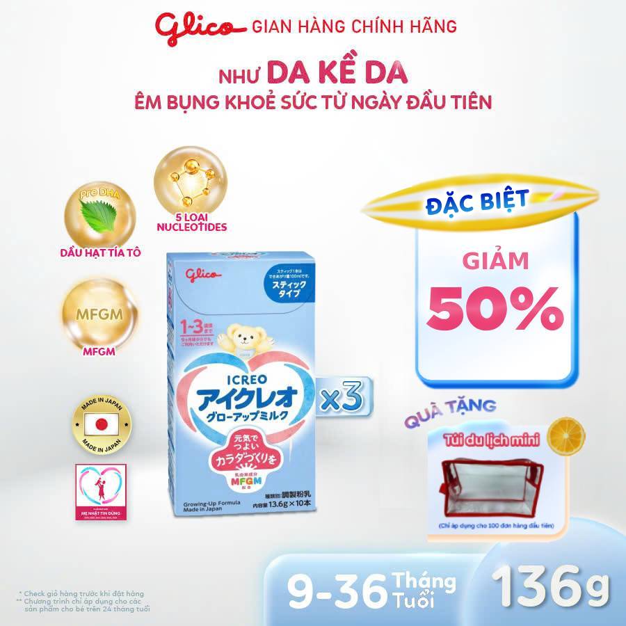 (FREESHIP-QUÀ-VC80K) Combo 3 Hộp Sữa Bột Dinh Dưỡng Glico Icreo Grow-Up Milk (Số 1 - Hộp 10 x 13,6g/Thanh Tiện Dụng)