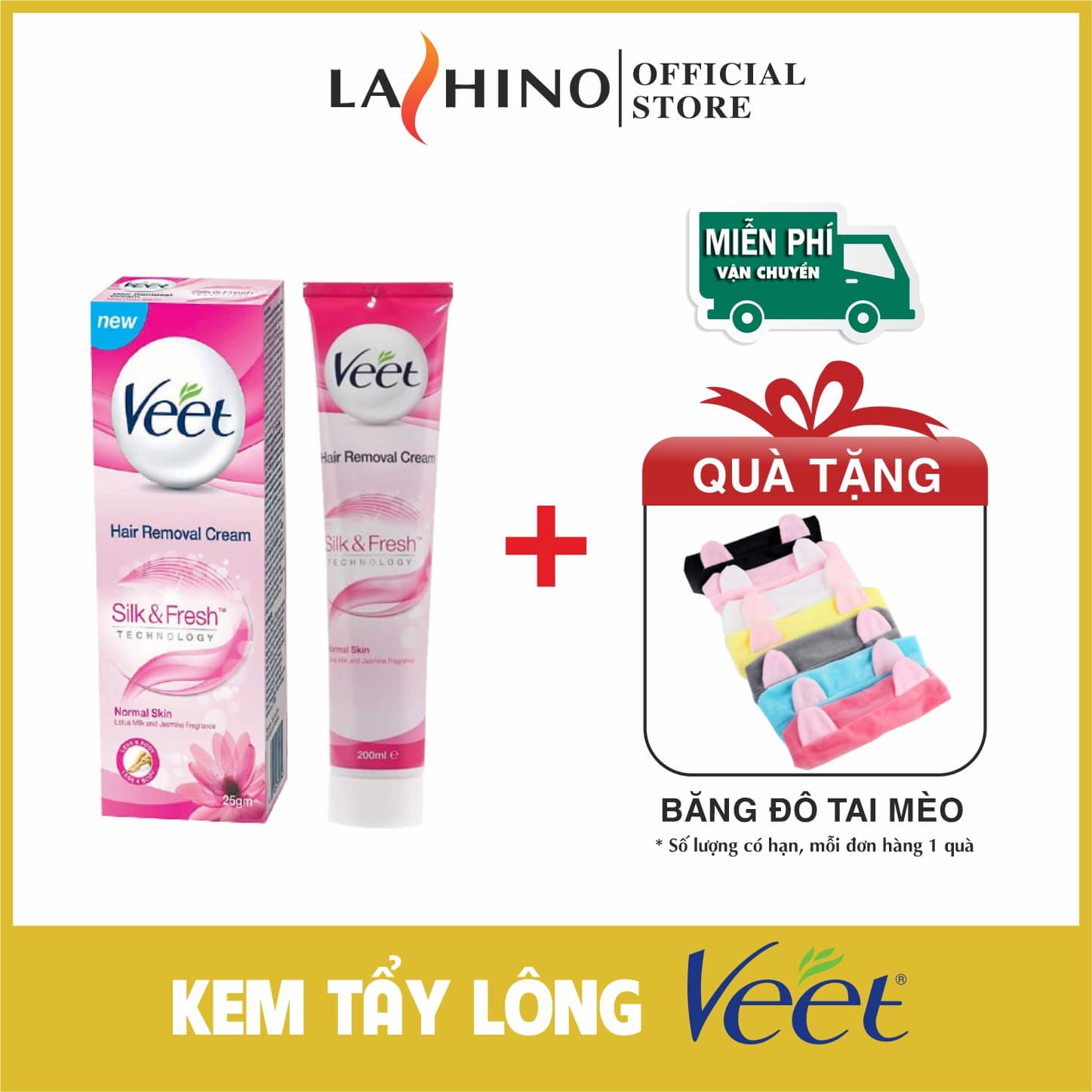 Kem tẩy lông veet Pháp 100ml LASHINO Tặng băng đô tai mèo, tẩy lông vùng kín Bikini, tẩy lông chân, tẩy lông nách hiệu quả an toàn cho da, tẩy lông cho nam nữ không gây kích ứng
