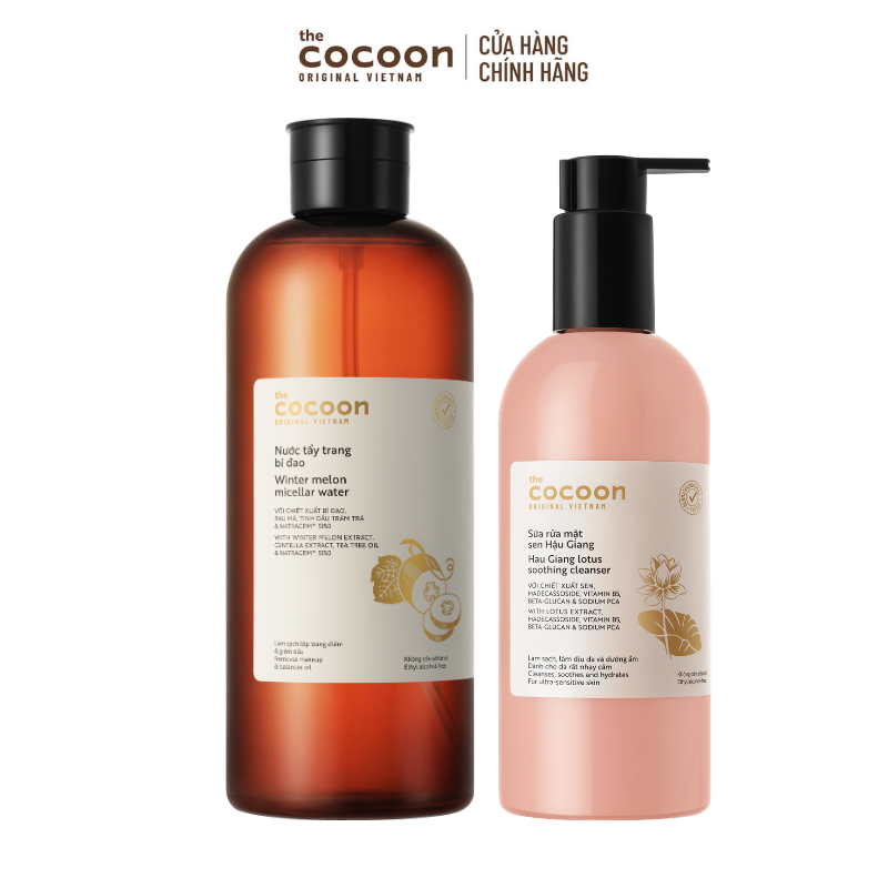COMBO 1 Supersize - Nước tẩy trang bí đao Cocoon tẩy sạch makeup  giảm dầu 1000ml + 1 Sữa rửa mặt sen Hậu Giang 310ml