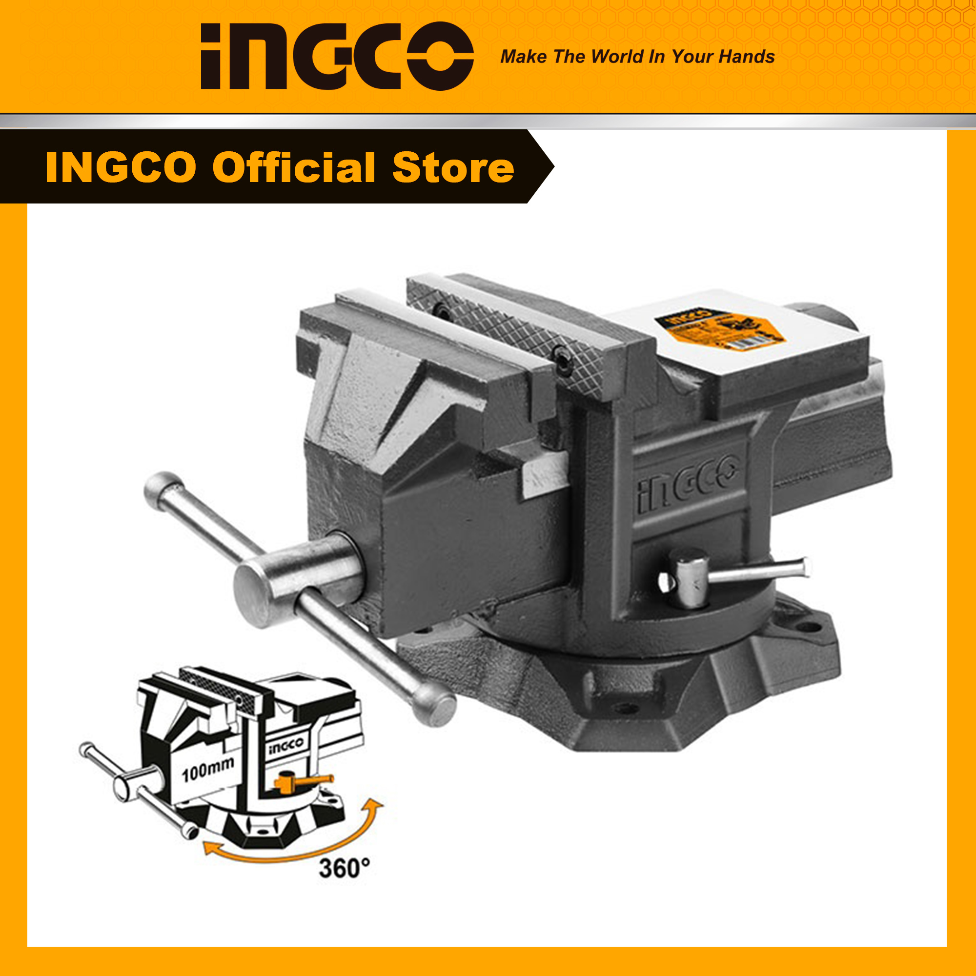 Ê to kẹp bàn xoay 360 độ ingco hbv084 đế xoay 100mm trọng lượng 6.7kg, lực kẹp tối đa 1300 kg