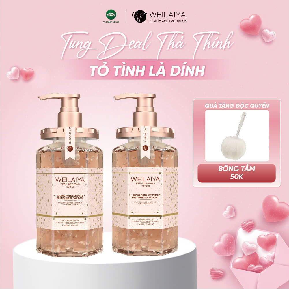 Combo 2 chai Sữa tắm nước hoa, trắng da toàn thân Damask Weilaiya chiết xuất cánh hoa hồng phù hợp cho mọi loại da 450ml