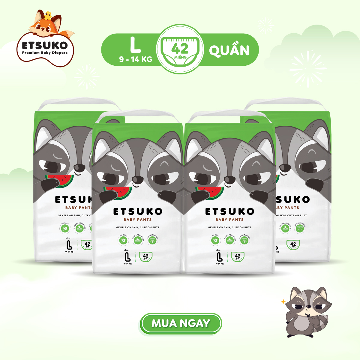 Combo 4 bịch tã quần Etsuko size L 42 pcs