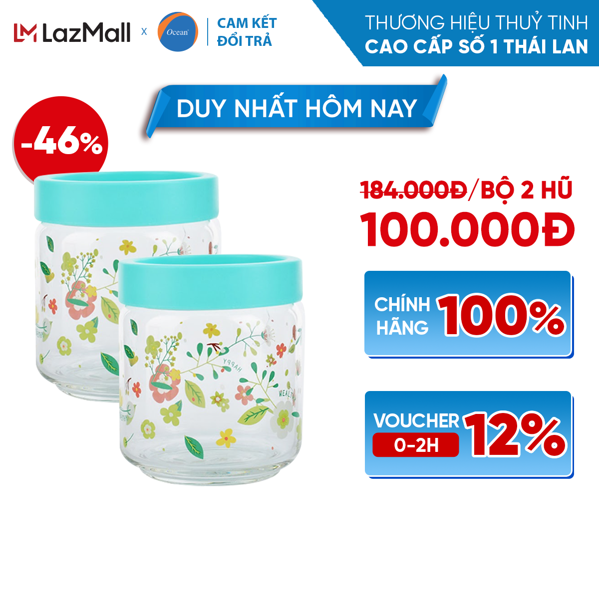 [Cam Kết Đổi Trả Nếu Vỡ] Bộ 2 Hũ Thủy Tinh In Hoa Nắp Nhựa - Ocean Stax Jar 500ml - Chính Hãng