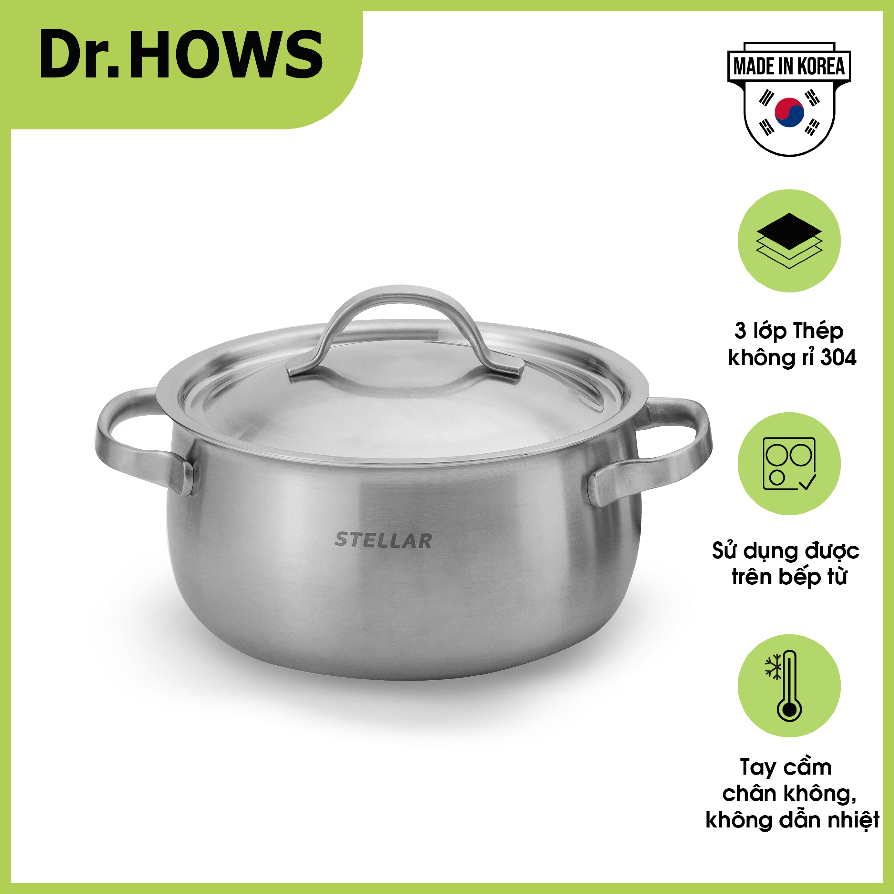 Nồi nấu Inox 3 lớp Dr.Hows Stella Casserole 20cm - Made in Korea