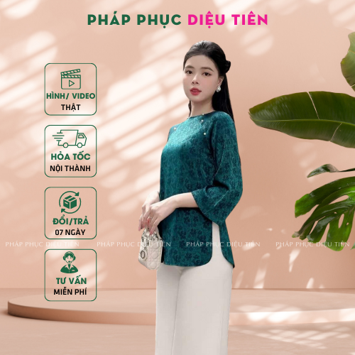 Đồ lam đi chùa pháp phục đi chùa chất gấm cao cấp áo xanh gấm phối quần lụa trắng - Pháp Phục Diệu Tiên