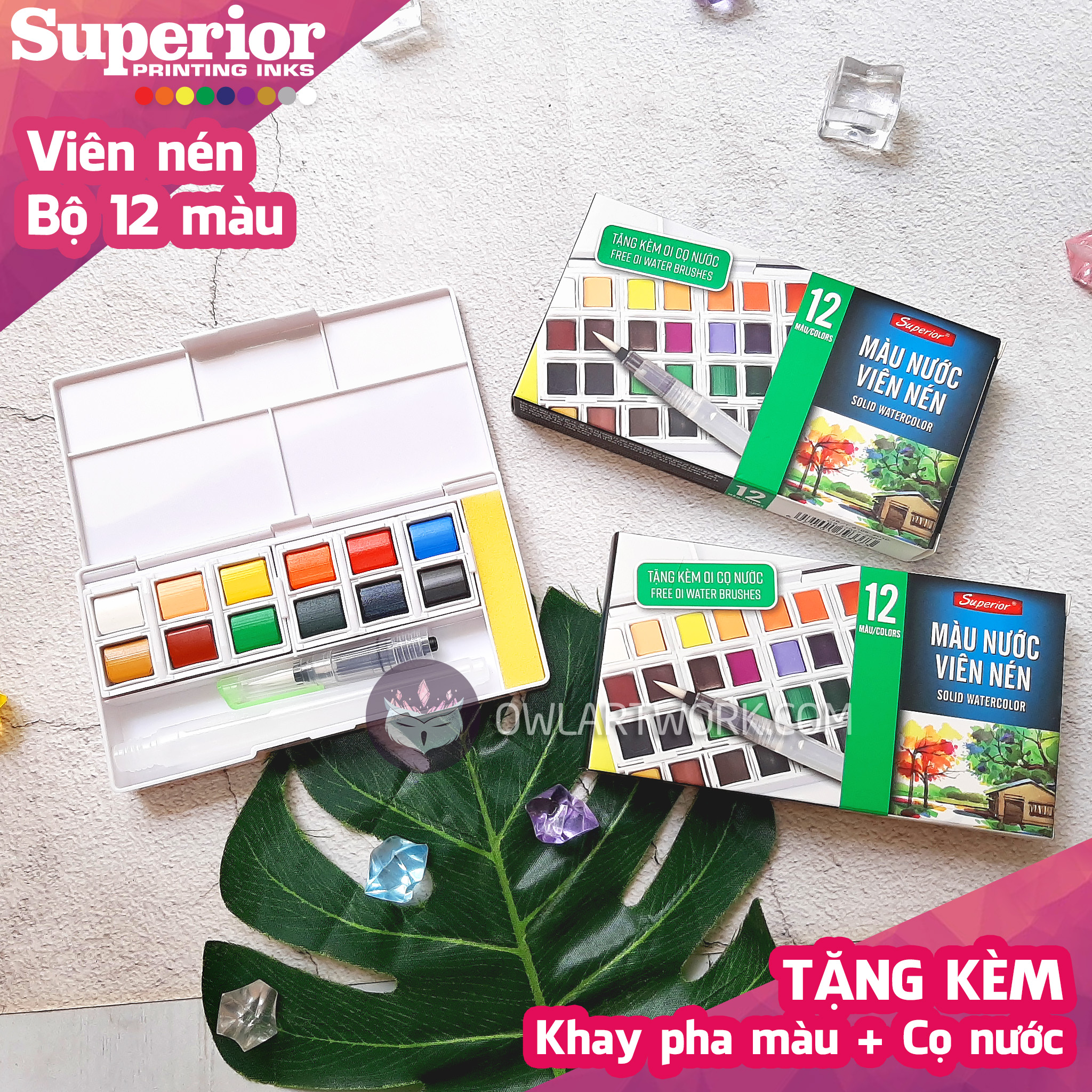 Màu Nước Superior Viên Nén Set 12 Màu Tặng Kèm Cọ Nước