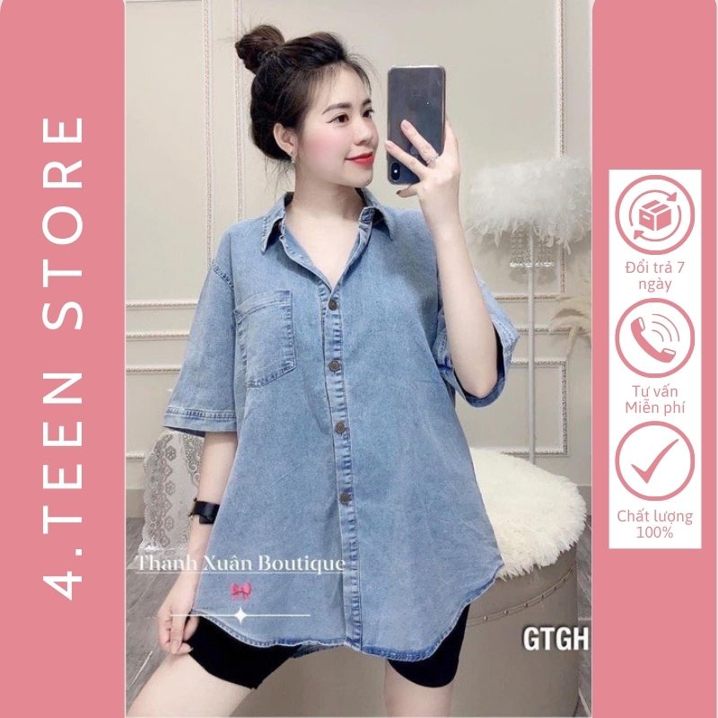 Áo sơ mi jeans cộc tay túi trước Áo sơ mi bò chất liệu Denim dáng rộng freesize 60kg màu xanh 4TeenStore SM004