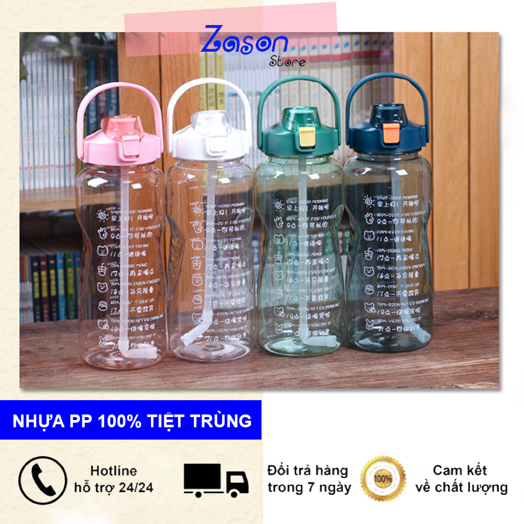Bình Đựng Nước 2L, Bình Nước Dung Tích Lớn, Bình Đựng Nước Có Ống Hút Tặng Kèm Miếng Dán Sticker, Bình Nước Thể Thao, Bình Nước Cute Phô Mai Que, Bình Nước Trong Suốt Có Ống Hút - Zason