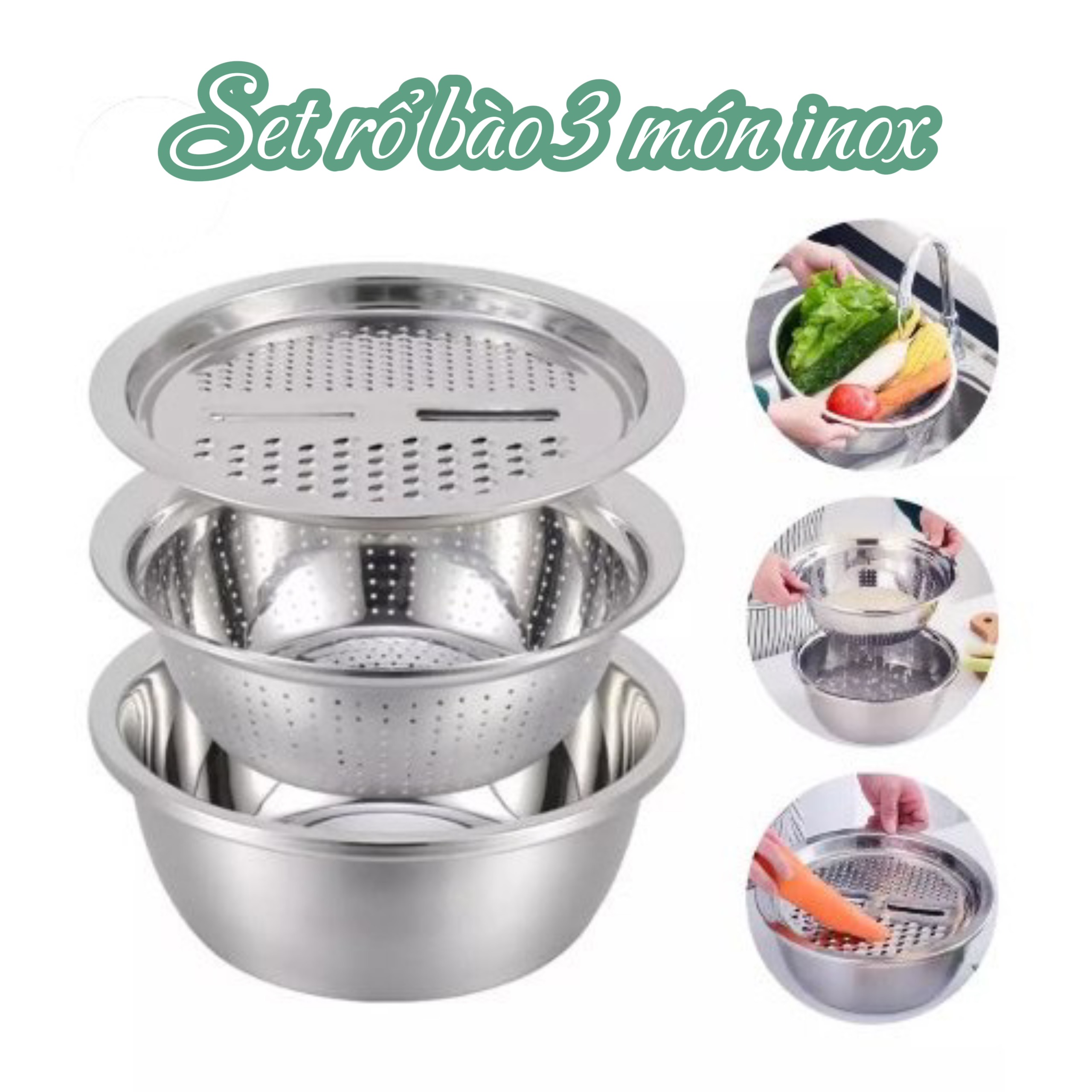 Bộ rổ inox kèm nạo rau củ 3 chi tiết, vỉ bào rau củ đa năng, gọt trái cây -  HỘP XANH LÁ