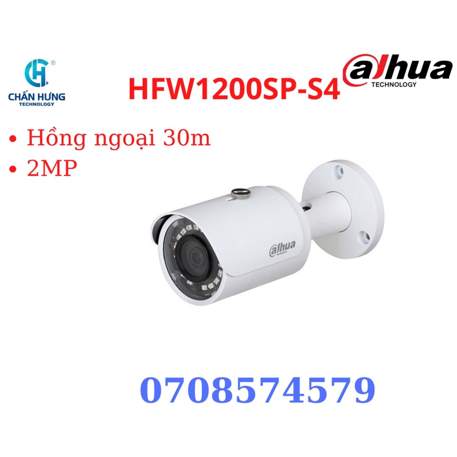Camera Dahua HAC-HFW1200SP-S4 2.0 Megapixel, IR 30m, F3.6mm, OSD Menu, vỏ kim loại + plastic IP67, Camera 4 in 1