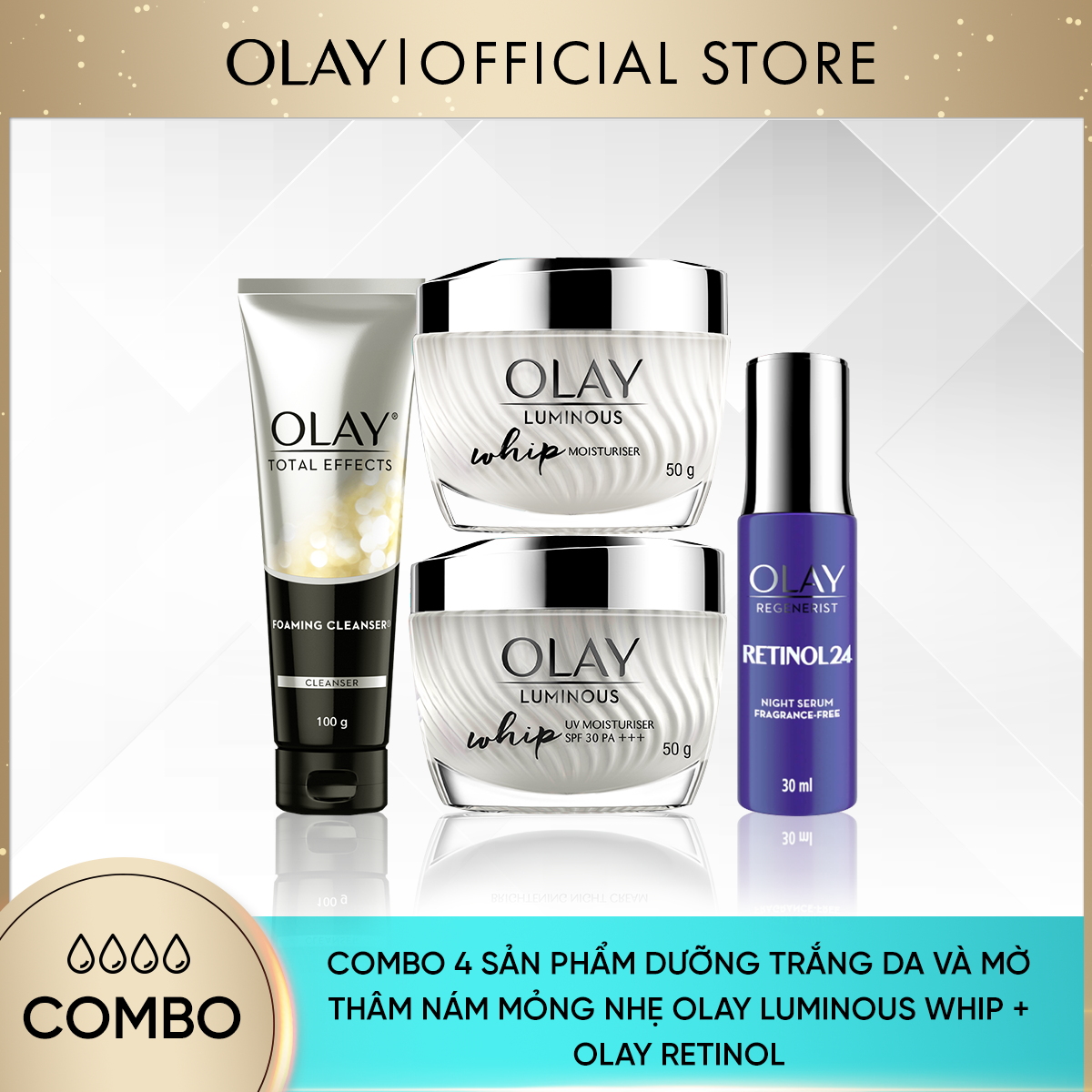 Combo 4 Sản Phẩm OLAY Dưỡng Trắng Da Và Chống Lão Hóa: Kem Dưỡng Mỏng Nhẹ Ngày Và Đêm 50gx2 + Tinh Chất 30ml + Sữa Rửa Mặt 100g