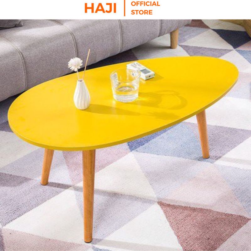 Bàn trà sofa phòng khách HAJI hình trứng hiện đại, Bàn cafe chân gỗ sồi chắc chắn màu sắc trendy sang trọng A55