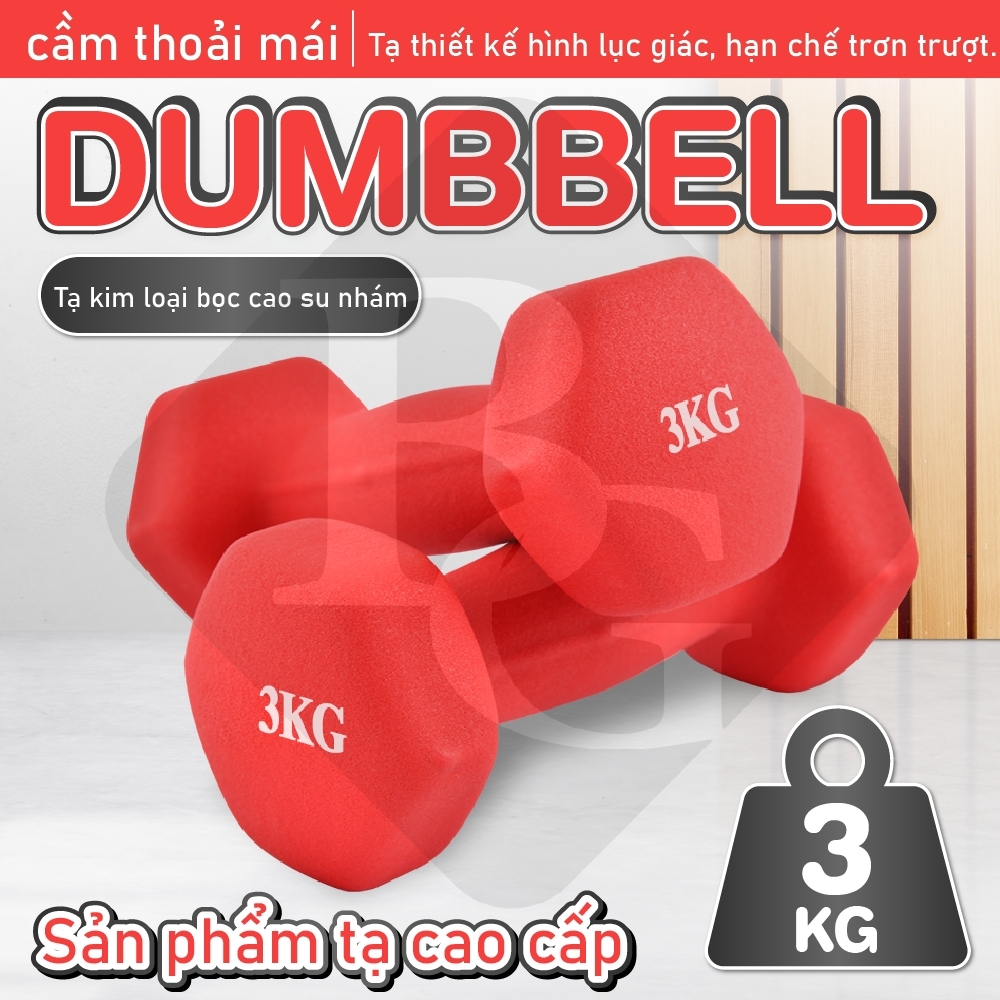 (ĐỦ MÀU) BG -Một cặp tạ tay 3KG cao cấp thép đặc bọc cao su nhám thái lan tập Gym (Tổng 6 kg)