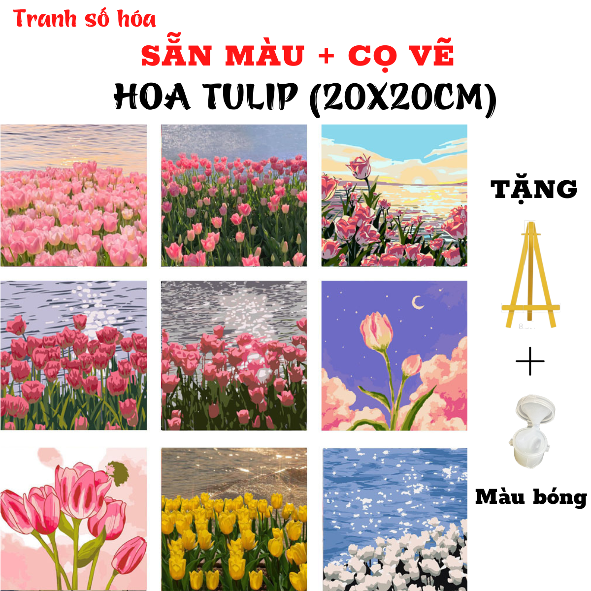 Tranh tô màu theo số phong cảnh HOA TULIP size 20x20cm, Tranh sơn dầu số hóa tự tô đã căng k