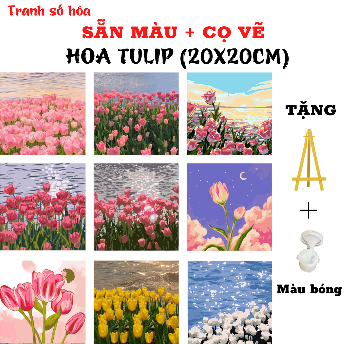 Tranh tô màu theo số phong cảnh HOA TULIP size 20x20cm, Tranh sơn dầu số hóa tự tô đã căng khung sẵn màu và cọ vẽ