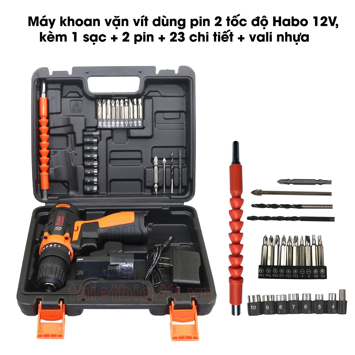 Máy khoan vặn vít dùng pin 2 tốc độ habo 12v, kèm 1 sạc + 2 pin + 23 chi tiết + vali nhựa
