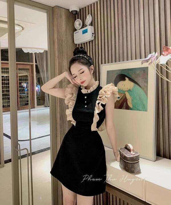 Đầm tiểu thư đầm dự tiệc phối bèo đi đính nút dễ thương xinh xắn