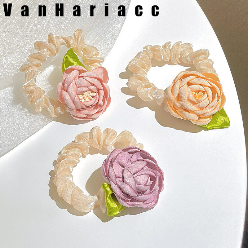 Vòng buộc tóc xoắn hoa hồng vanhariacc bằng vải dây buộc tóc co giãn-intl