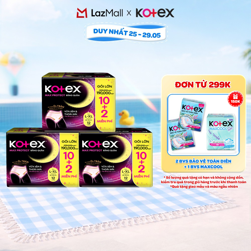 Combo 3 Băng Vệ Sinh Dạng Quần Kotex Ban Đêm Cỡ L/XL (10+2) Miếng/Gói